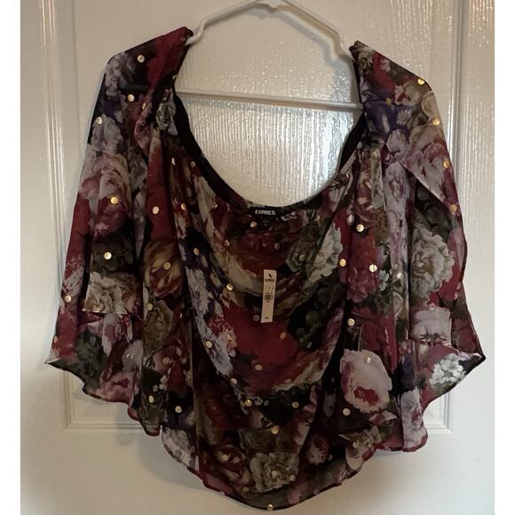 Express- Women's Off the Shoulder Slit Sleeve Sheer Floral Shirt, Size Large NWT - Picture 3 of 7